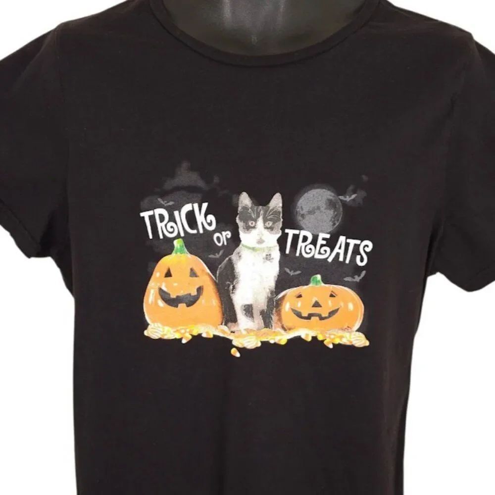 Halloween Cat T Shirt Womens Size 2XL Black Trick Or Treats Pumpkins